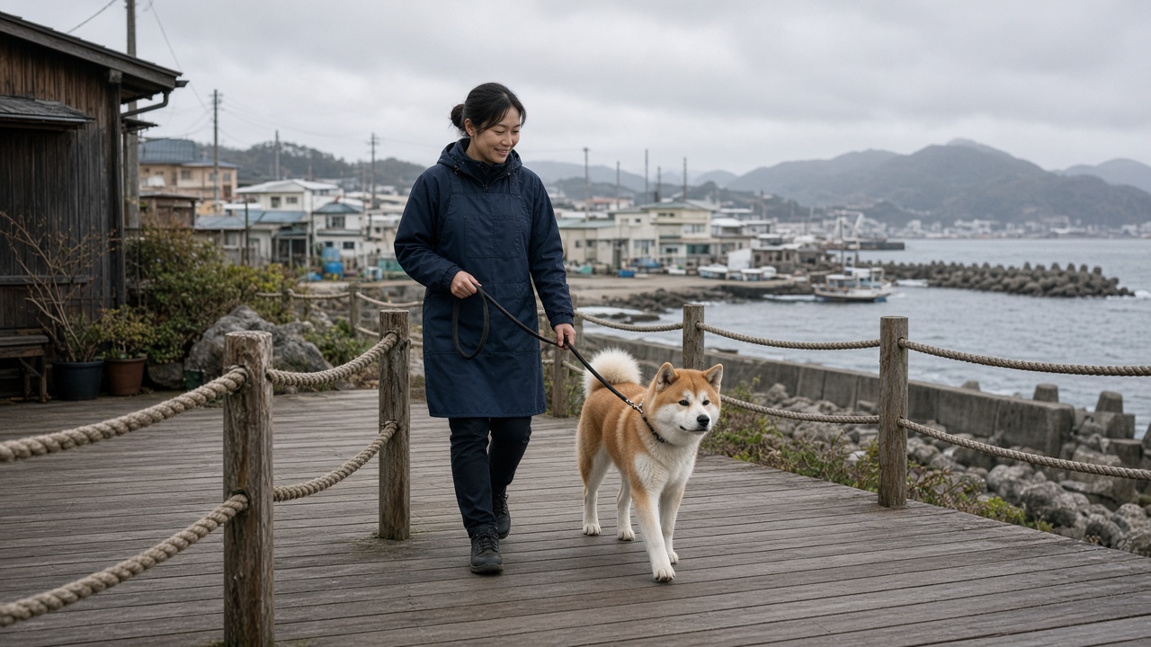 石巻の海沿いを犬と歩くPawCareeHubのスタッフ